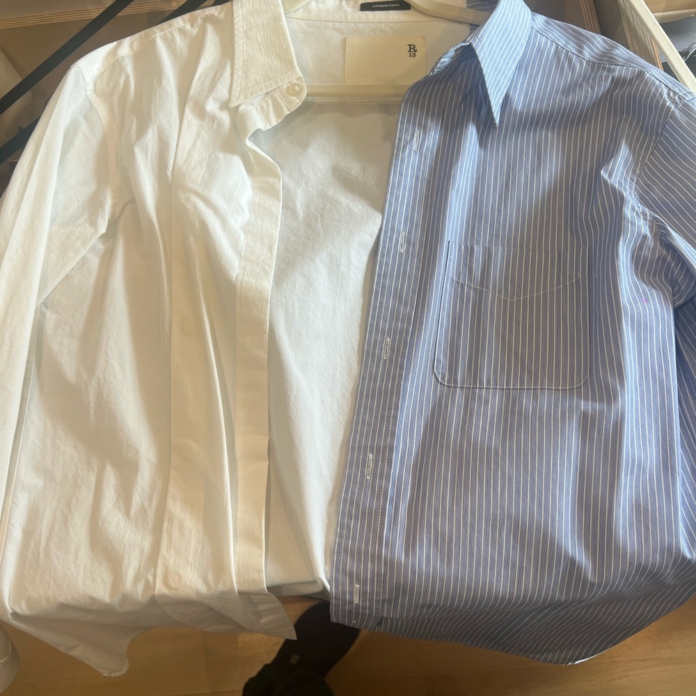 R13 white and blue button down combo shirt open collar - Picture 8 of 8